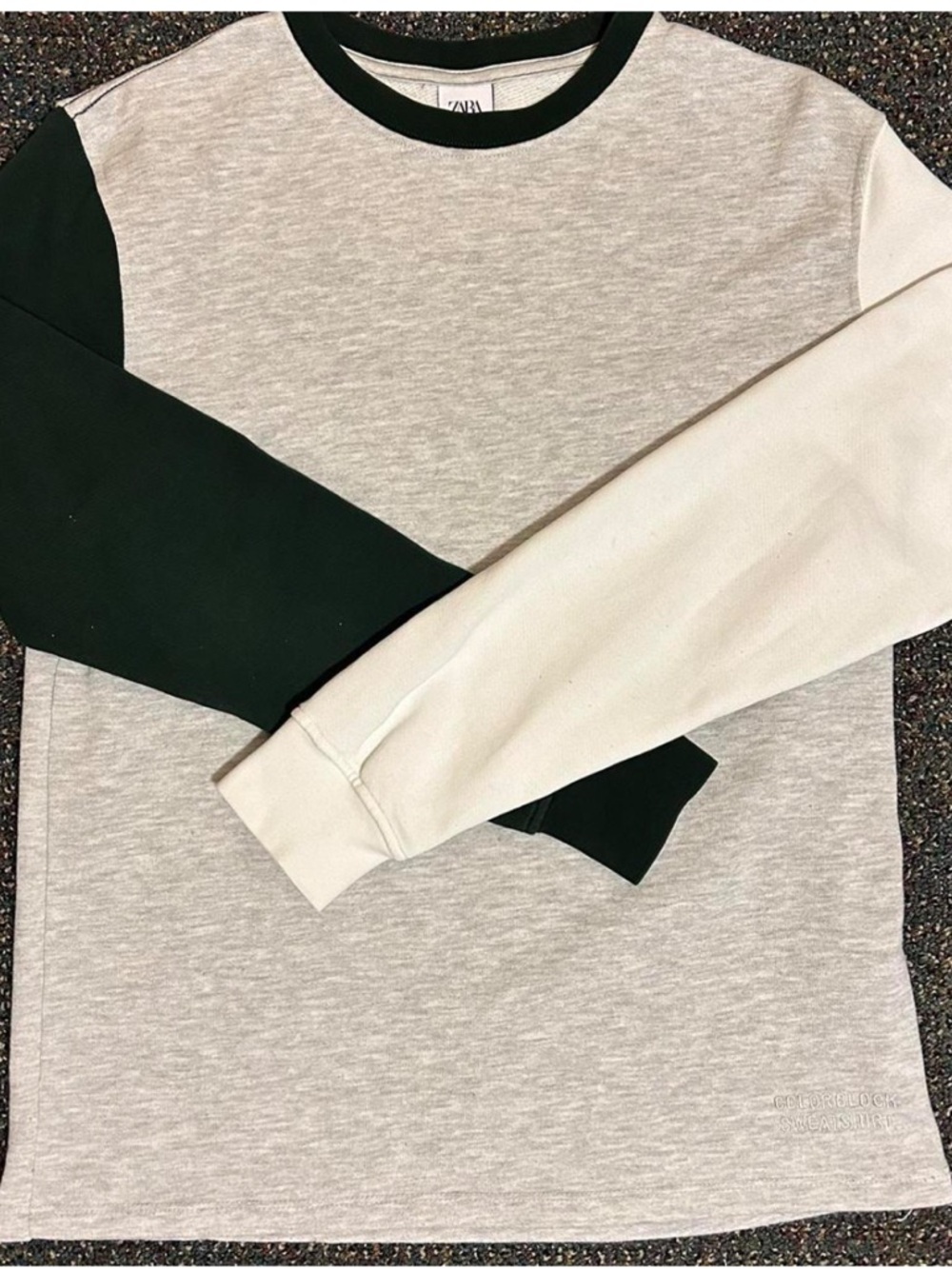 ZARA Light Gray Sweatshirt with Dark Green Ribbed Neck